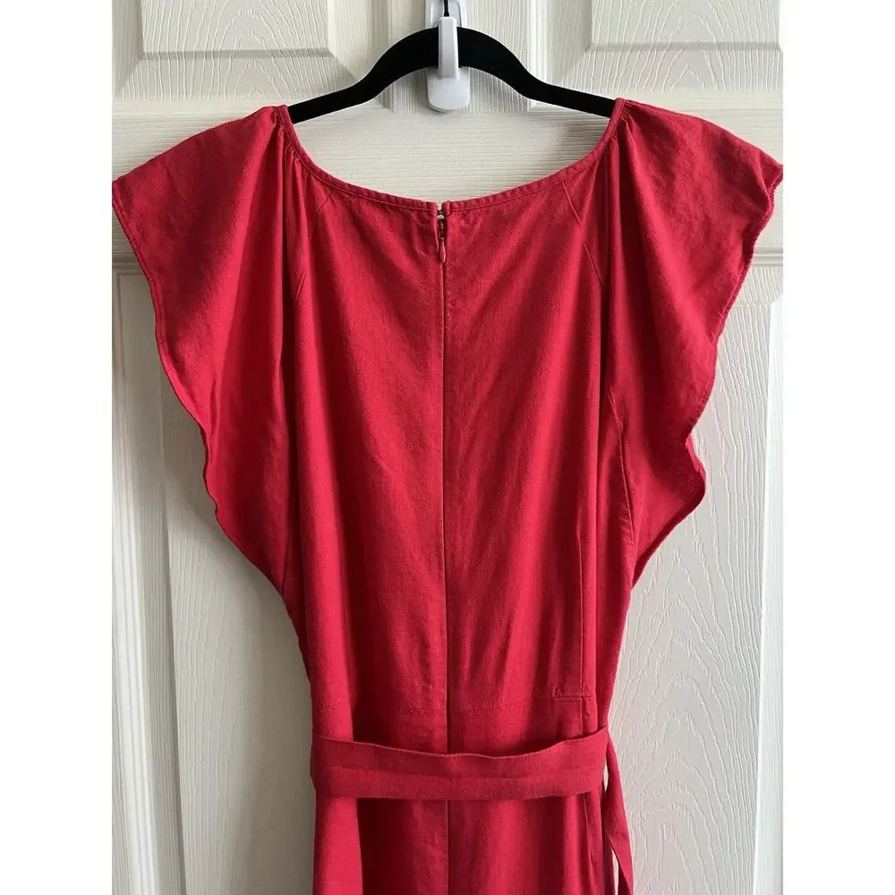 ANN TAYLOR LOFT 2024 Cherry Red Linen Blend Belted Flutter Sleeve Midi Dress 10 - Picture 7 of 14
